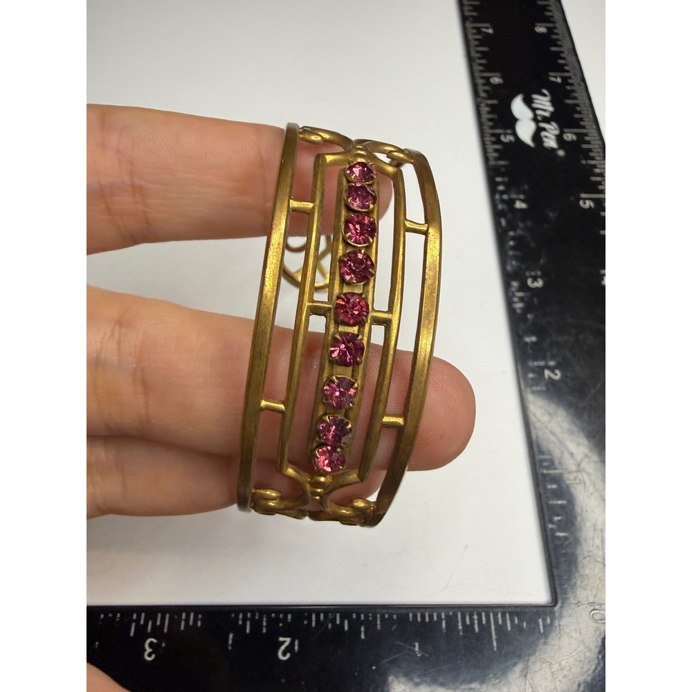 Antique Gold Tone Brass Openwork Cuff Bracelet Pink Rhinestone Scroll Detail